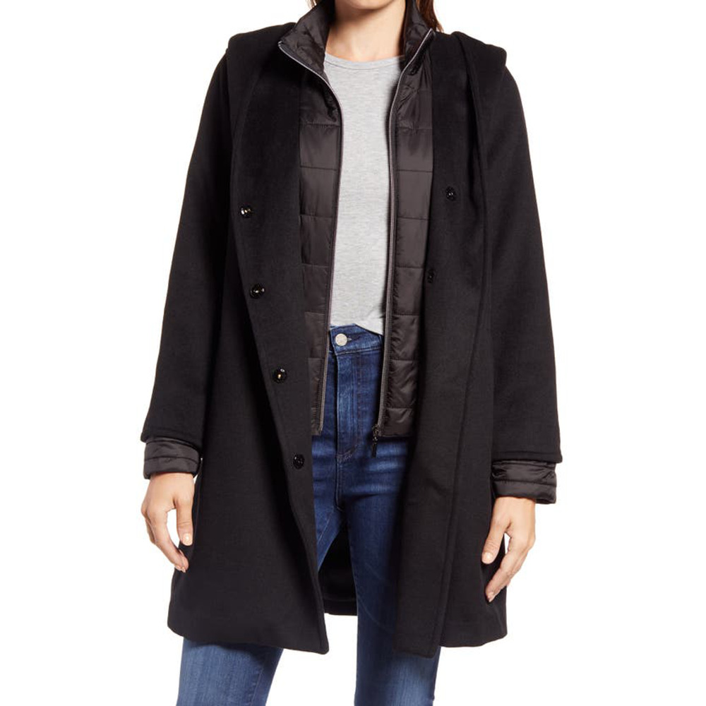 Gallery New York Wool Blend Hooded Coat Long Sleeve Button Closure Black Small